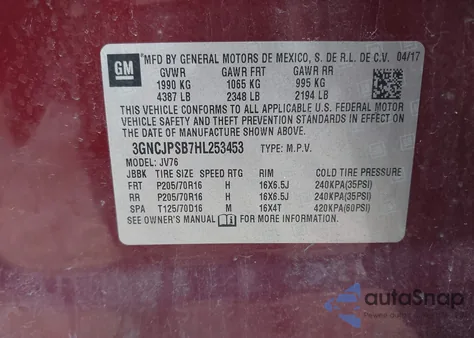 2017 Chevrolet Trax Lt из США, поврежденный, VIN 3GNCJPSB7HL253453